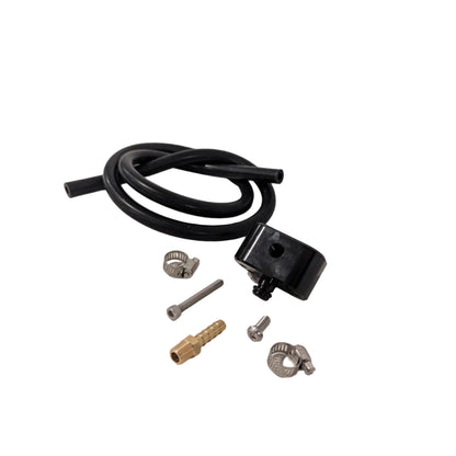 Set of boost reference parts including silicone hose, connectors, and a brass barb fitting